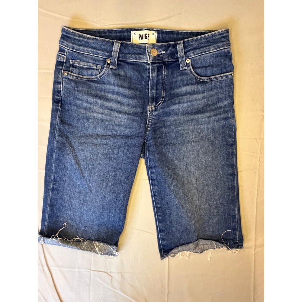 PAIGE Jax Knee Shorts Women 25 Blue Raw Hem Bermuda‎ Slim Fit Denim